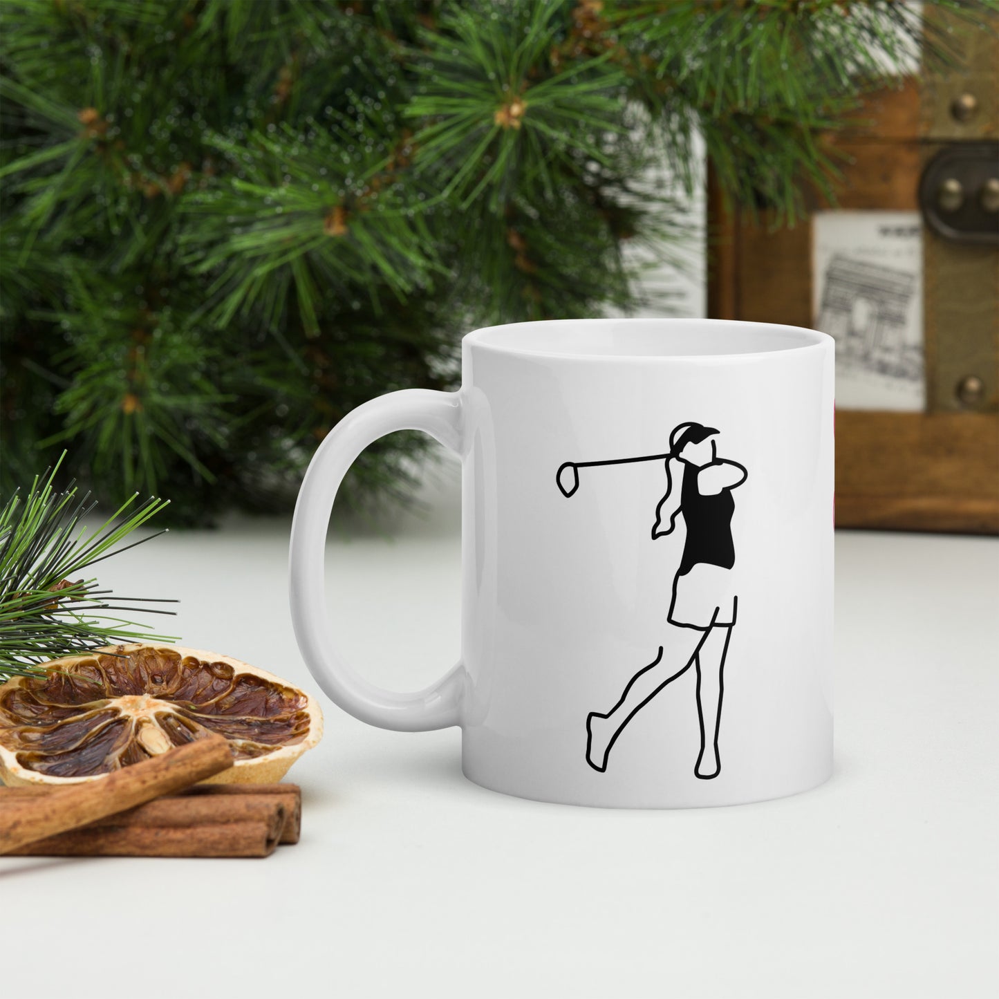 White Glossy Mug - Lady swinging golf club