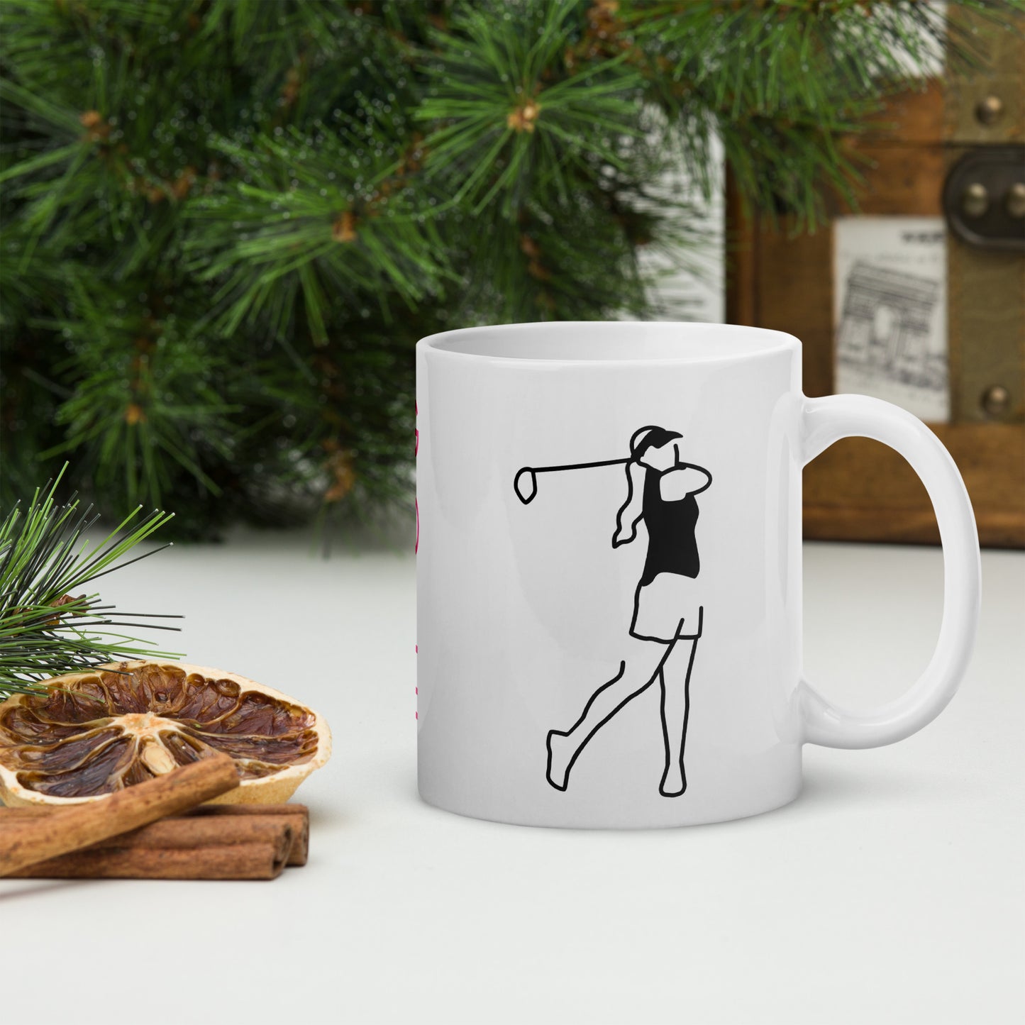White Glossy Mug - Lady swinging golf club